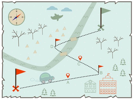 Map of treasure island treasure map, old map, baby map, illustration of the winter maps to find treasure, treasure map showing winter island with cars, buildings and compass star のイラスト素材