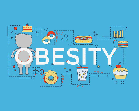 Obesity flat design with icons and lettering for book cover, report header, presentation, infographics, printing, website banner, flyer and landing page.のイラスト素材