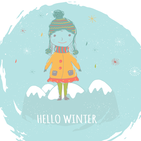 Merry Christmas cute greeting card with girl for presents. Hand drawn style of posters for invitation, children room, nursery decor, interior design.のイラスト素材