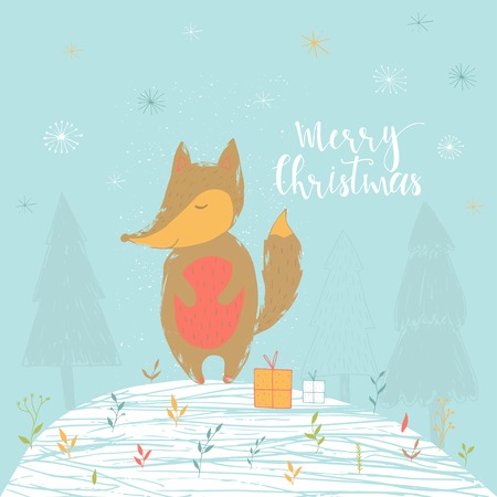 Merry Christmas cute greeting card with fox for presents. Hand drawn style of posters for invitation, children room, nursery decor, interior design.のイラスト素材