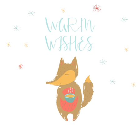 Merry Christmas cute greeting card with lettering Warm wishes and fox holding hot cup of tea. Hand drawn style of posters for invitation, children room, nursery decor, interior design.のイラスト素材