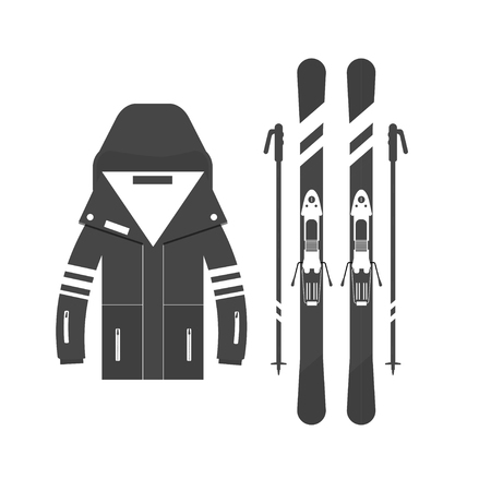 Winter sport icons jaket and skiing. Skiing and snowboarding set equipment isolated on white background in flat style design. Elements for ski resort picture, mountain activities, vector illustration.のイラスト素材