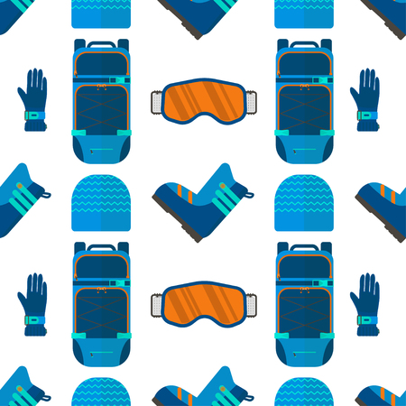 Winter sport seamless pattern. Skiing and snowboarding set equipment isolated on white background in flat style design for decorative wallpaper, printing, backdrop, scrapbook.のイラスト素材