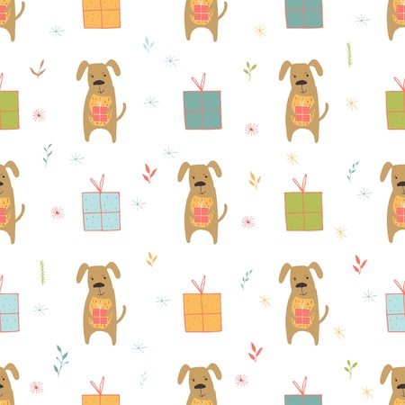 Seamless holiday pattern with dog and presents. Hand drawn Christmas background for greeting card,  posters, invitation, children room, nursery decor, interior design, prints, skrapbook, textile.のイラスト素材