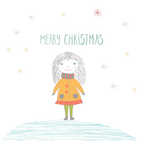 Merry Christmas cute greeting card with girl for presents. Style of posters for invitation, children room, nursery decor, interior design.のイラスト素材