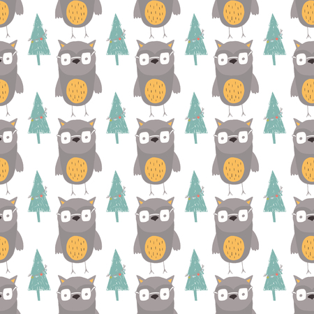 Seamless holiday pattern with forest and owl. Hand drawn Christmas background for greeting card,  posters, invitation, children room, nursery decor, interior design, prints, skrapbook, textile.のイラスト素材