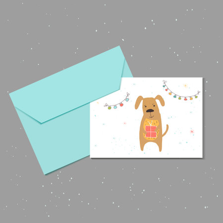 Merry Christmas cute greeting card with dog, gift, garland and envelope for present. Hand drawn style of posters for invitation, children room, nursery decor, interior design. Vector template.のイラスト素材
