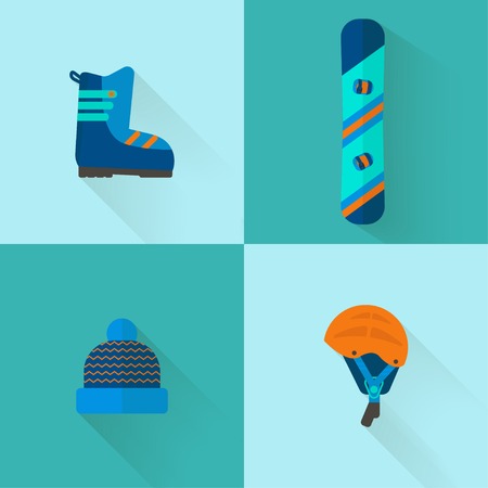 4 Winter sport icons collection. Skiing and snowboarding set equipment  in flat style design. Elements for ski resort picture, mountain activities, vector illustration.のイラスト素材