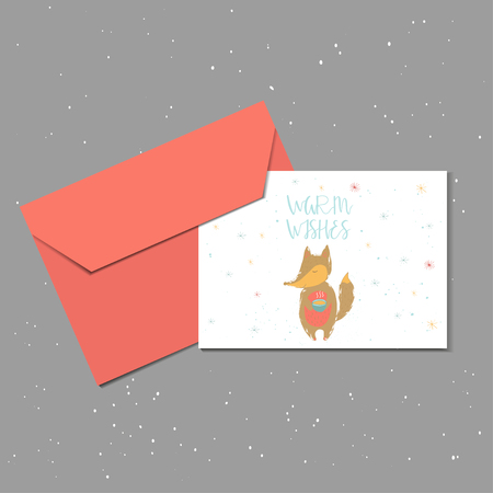 Merry Christmas cute greeting card with fox and envelope for present. Hand drawn style of posters for invitation, children room, nursery decor, interior design. Vector template.のイラスト素材