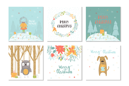 Collection of 6 Merry Christmas cute greeting card with animals, presents and lettering. Hand drawn style of posters for holiday invitation, children room, nursery decor, interior design. Vector illustration. のイラスト素材