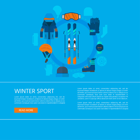 Winter sport icons collection. Skiing and snowboarding set equipment for website concept in flat style design. Elements for ski resort picture, mountain activities, vector illustration.のイラスト素材