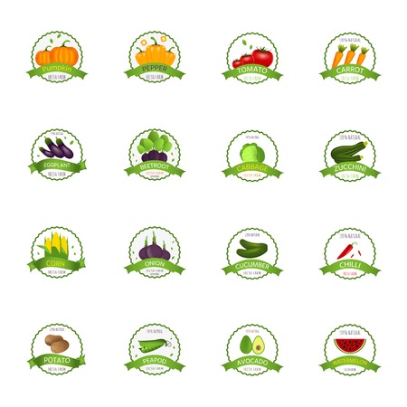 Collection of Badge, logo or tag with realistic healthy vegetables such as: carrot, tomato, pepper, eggplant, pumpkin, marrow, zucchini. Quality vector banner about diet, eco foodのイラスト素材