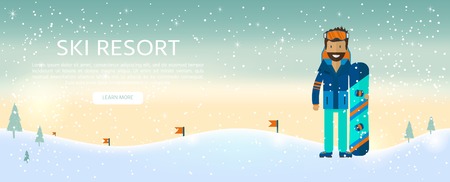 Winter sport background with character and skiing, snowboarding set equipment in flat style design. Elements for ski resort picture, mountain activities, vector illustration.のイラスト素材