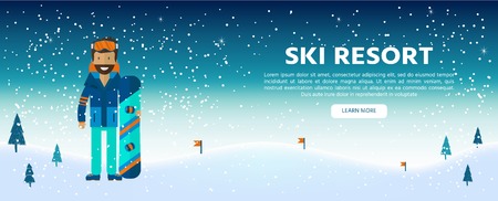 Winter sport background with character and skiing, snowboarding set equipment in flat style design. Elements for ski resort picture, mountain activities, vector illustration.のイラスト素材