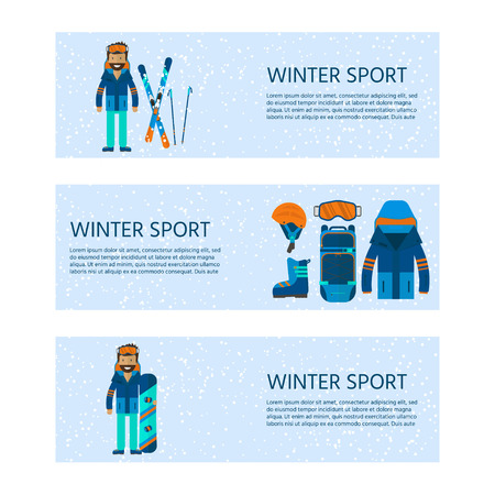 Winter sport icons collection. Skiing and snowboarding set equipment isolated on white background in flat style design. Elements for ski resort picture, mountain activities, vector illustration.のイラスト素材