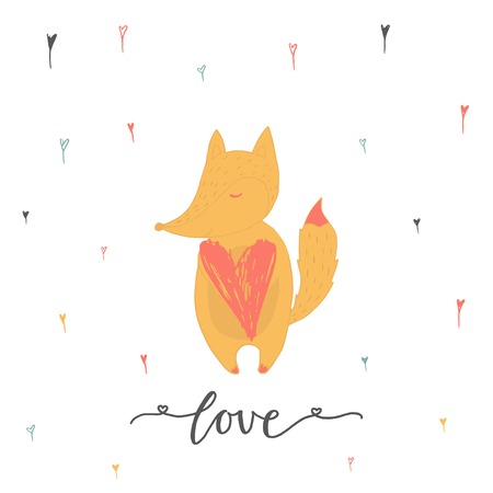 Lovely Valentines day gift card with fox heart and lettering love. Calligraphy, hand drawn design elements for print, poster, invitation, party decoration. Vector.のイラスト素材