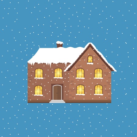 Abstract background with winter home and white snowflakes. Modern holiday illustration with cozy house, cottage, space for text. Template for decoration, greeting cards, invitations.のイラスト素材