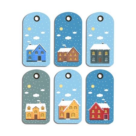 Label, tag, badge with Christmas background, winter house, white snowflakes. New year holiday illustration with cozy home, cottage,  landscape with tree, space for text. Template for decoration, greeting cards, invitations.のイラスト素材