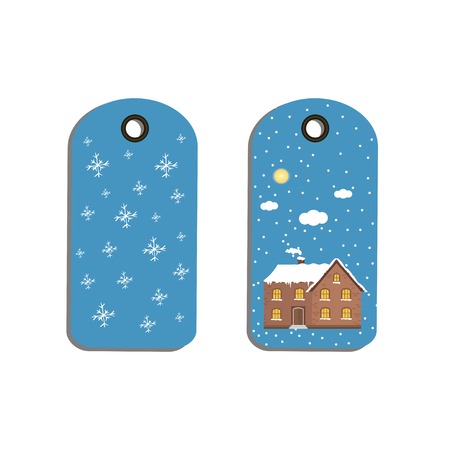 Label, tag, badge with Christmas background, winter house, white snowflakes.のイラスト素材