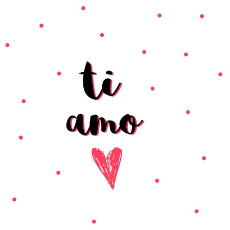 Lovely Valentines day gift card with heart and lettering ti amo. Calligraphy, hand drawn design elements for print, poster, invitation, party decoration. Vector.のイラスト素材