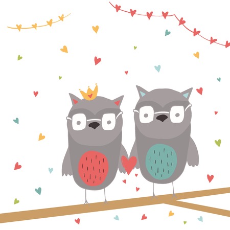 Lovely Valentines day gift card with heart and couple of owls. Calligraphy, hand drawn design elements for print, poster, invitation, party decoration.のイラスト素材