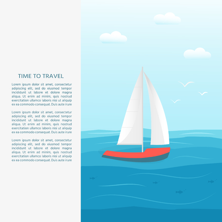 Nautical vehicles: sail boat, ship, vessel, luxury yacht, speedboat with text time to travel . Vector flat  icon, concept for web site.のイラスト素材