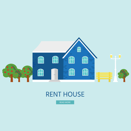Banner for sales, advertising house, cottage. Offer of home purchase. Rental of Real Estate. Vector flat design, urban landscape. のイラスト素材