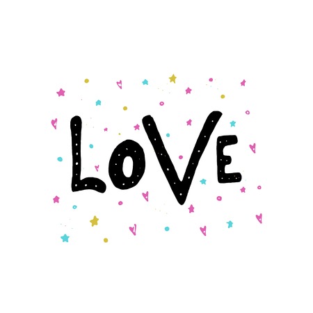 Lovely Valentines day gift card with heart and lettering love. Calligraphy, hand drawn design elements for print, poster, invitation, party decoration. Vector.のイラスト素材