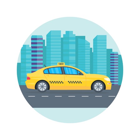Poster with the machine yellow cab in the city. Public taxi service concept, Cityscape on the background. Flat vector illustration.のイラスト素材