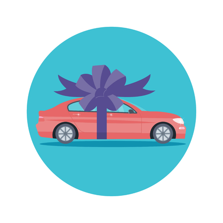 Poster with red machine and ribbon. Car gift concept or presentation of  auto for sale, rent,. Flat vector illustration.のイラスト素材