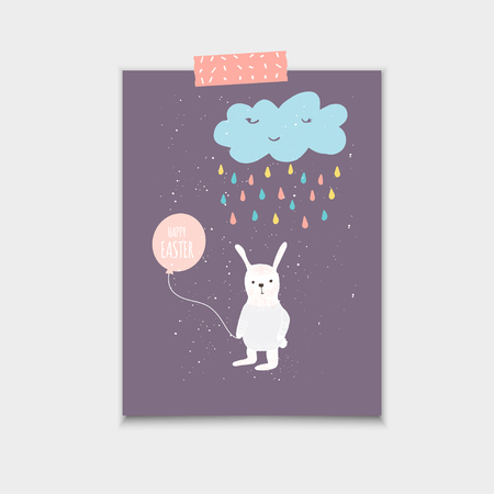 Easter banner template with cute bunny rabbit and text hand drawn illustrationのイラスト素材