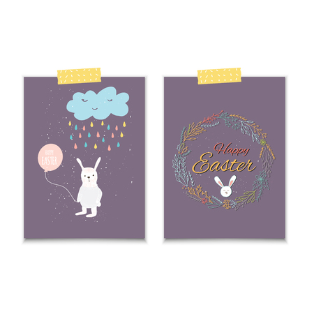 Easter banner background, template with cute banny, rabbit and text, hand drawn illustration.のイラスト素材