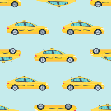 Seamless pattern with machine yellow cab on white background. Public taxi service concept.のイラスト素材