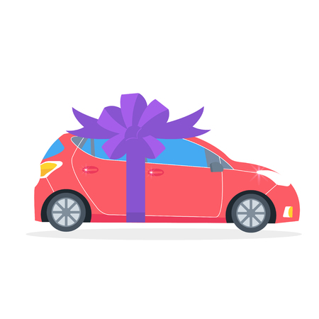 Poster with red machine and ribbon. Car gift concept or presentation of  auto for sale, rent,. Flat vector illustration.のイラスト素材