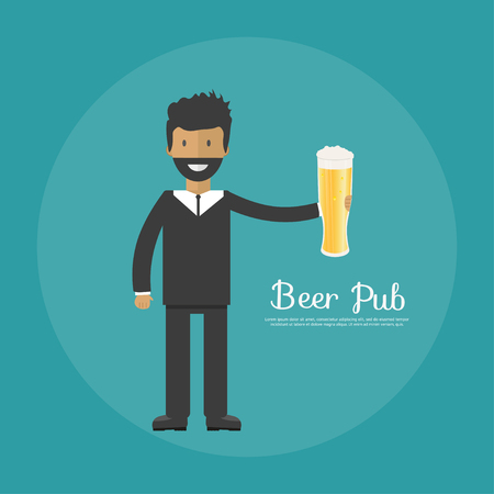 Man with beer bottle, mugs and glasses. Vector icon with alcoholic beverages. Wheat beer, lager, craft beer, ale.のイラスト素材