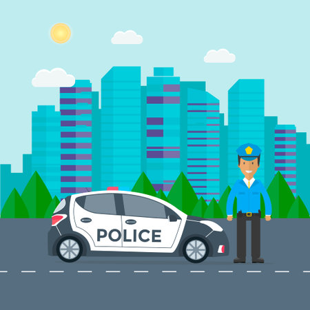 Police patrol on a road with police car, officer, city, nature landscape. Policeman in uniform, vehicle with rooftop flashing lights. Flat vector illustration.のイラスト素材