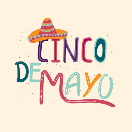 Banner or card for Cinco de Mayo celebration. Holiday poster with hand drawn calligraphy lettering, sombrero, cactus, chili, tequila and maracas. Vector Mexican fiesta.のイラスト素材