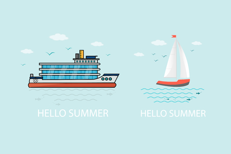 Collection of nautical vehicles: sail boat, ship, vessel, luxury yacht, speedboat. Vector set icons isolated on blue background.のイラスト素材