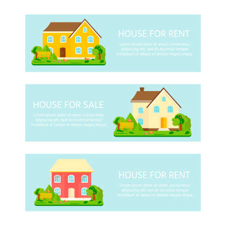 Banner for sales, advertising house, cottage with trees. Offer of home purchase. Rental of Real Estate. Vector flat design, urban landscape.のイラスト素材