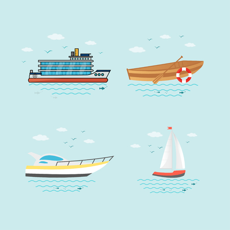 Collection of nautical vehicles: sail boat, ship, vessel, luxury yacht, speedboat, rowboat with wooden paddle and buoy. Vector set icons isolated on blue background.のイラスト素材