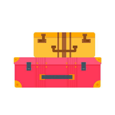 Different types of baggage, luggage, suitcase isolated on white background. Flat style vector illustration. Set of tourism and traveling icons with voyage packing and handbag.のイラスト素材