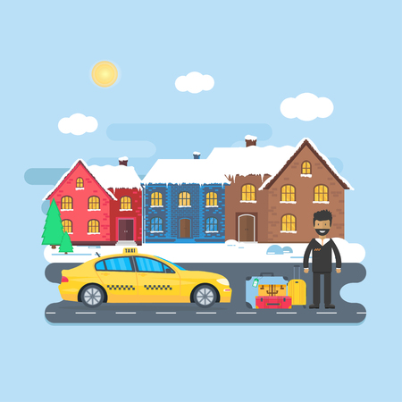 Machine yellow cab with driver and baggage  in the winter city. Public taxi service concept. Flat vector illustration.のイラスト素材