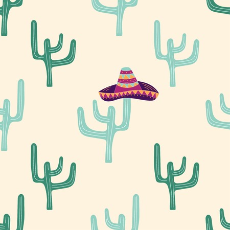 Pattern with hand drawn sombrero and cactusのイラスト素材