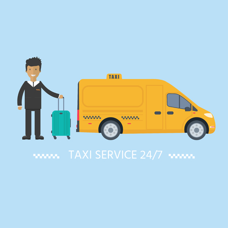 Machine yellow cab with driver in the city. Public truck taxi service concept. Flat vector illustration.のイラスト素材