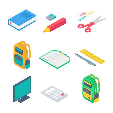 Isometric 3d school supplies set with comruler, calculator, book, notebook, pen, backpack, scissors, eraser and ruler. Vector Back to school background with stationery. Office accessories. のイラスト素材