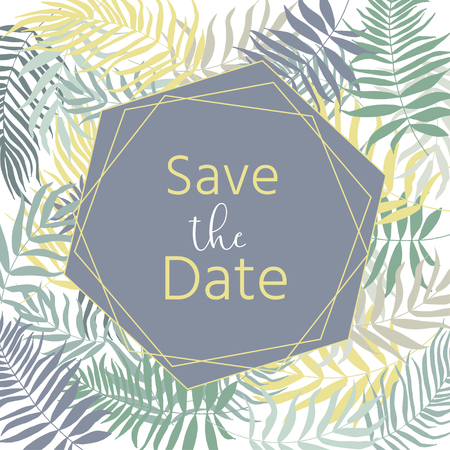 Wedding invitation with floral, tropical leaves, wreath, geometrical. Vector template for birthday, baby shower, menu, flyer, banner with calligraphy,  save the date card. Elegant hipster rustic background.のイラスト素材