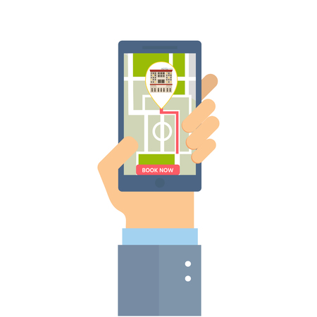 Hand holding phone for booking hotel in the city, flat vector motel building town landscape, front view cityscape. Travel and tourism concept.のイラスト素材