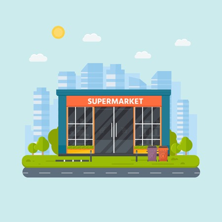 Vector flat design restaurants exterior and shops facade:  supermarket. Store front window buildings icon with city on the background.のイラスト素材