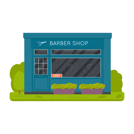 Vector flat design exterior and  barber shop facade. Store front window buildings icon isolated on white background.のイラスト素材