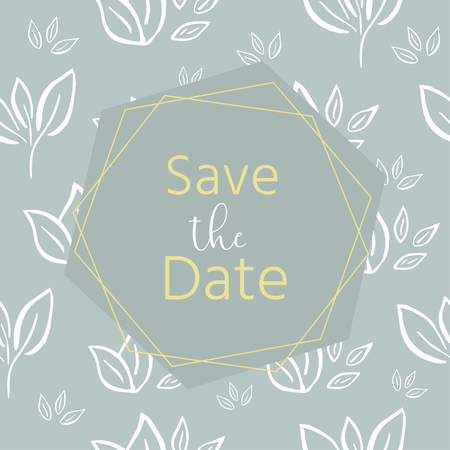 Wedding invitation with floral, tropical leaves, wreath, geometrical. Vector template for birthday, baby shower, menu, flyer, banner with calligraphy,  save the date card. Elegant hipster rustic background.のイラスト素材